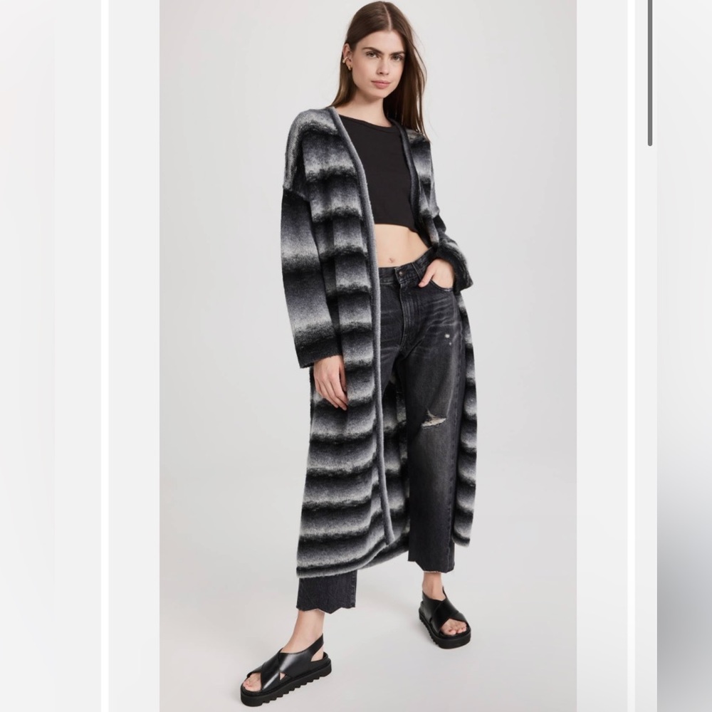 ATM Black Striped Merino Wool Blend Long Belted Cardigan Coat with pockets sz.L
